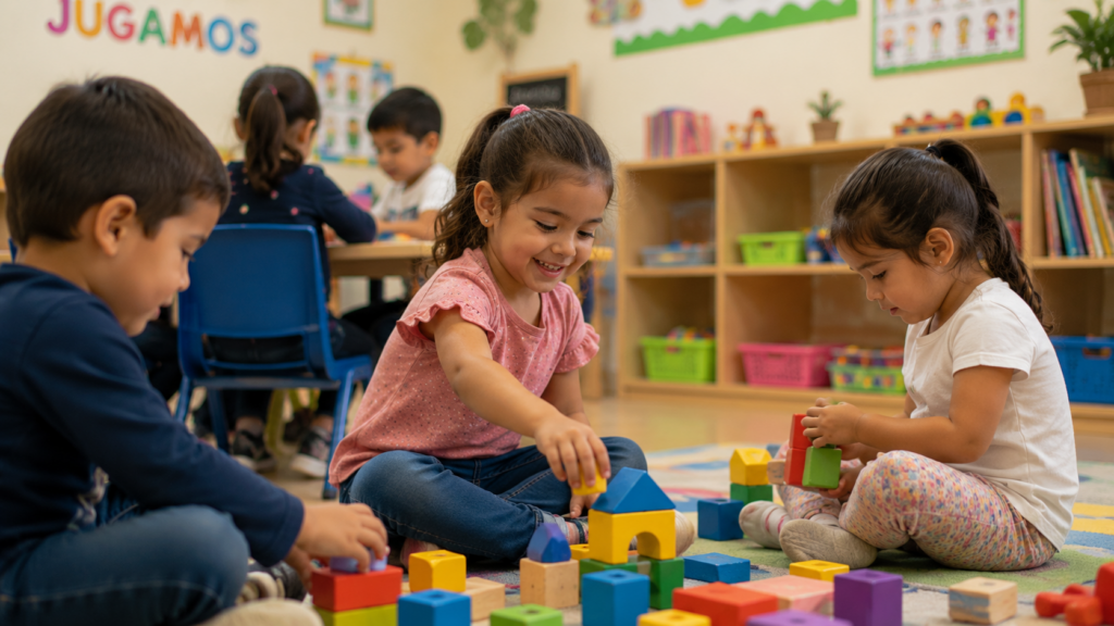 Niña en preescolar participando en juego grupal — evaluación de señales de alerta en el desarrollo infantil de 3 a 6 años