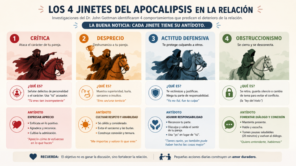 Infografía - los 4 jinetes del apocalipsis según Gottman y sus antídotos para parejas
